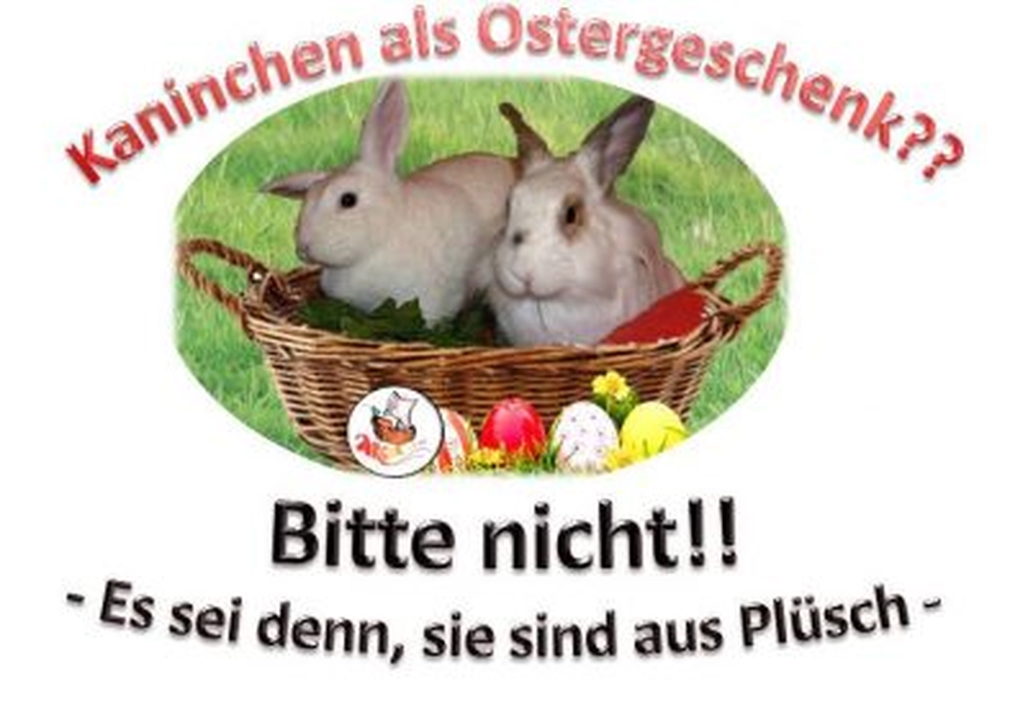 Tierschutzorganisation Arche 90 e.V. - Kreisförmige Grafik mit zwei flauschigen, hellgrauen Kaninchen in einem geflochtenen Korb, umgeben von bunten Ostereiern.