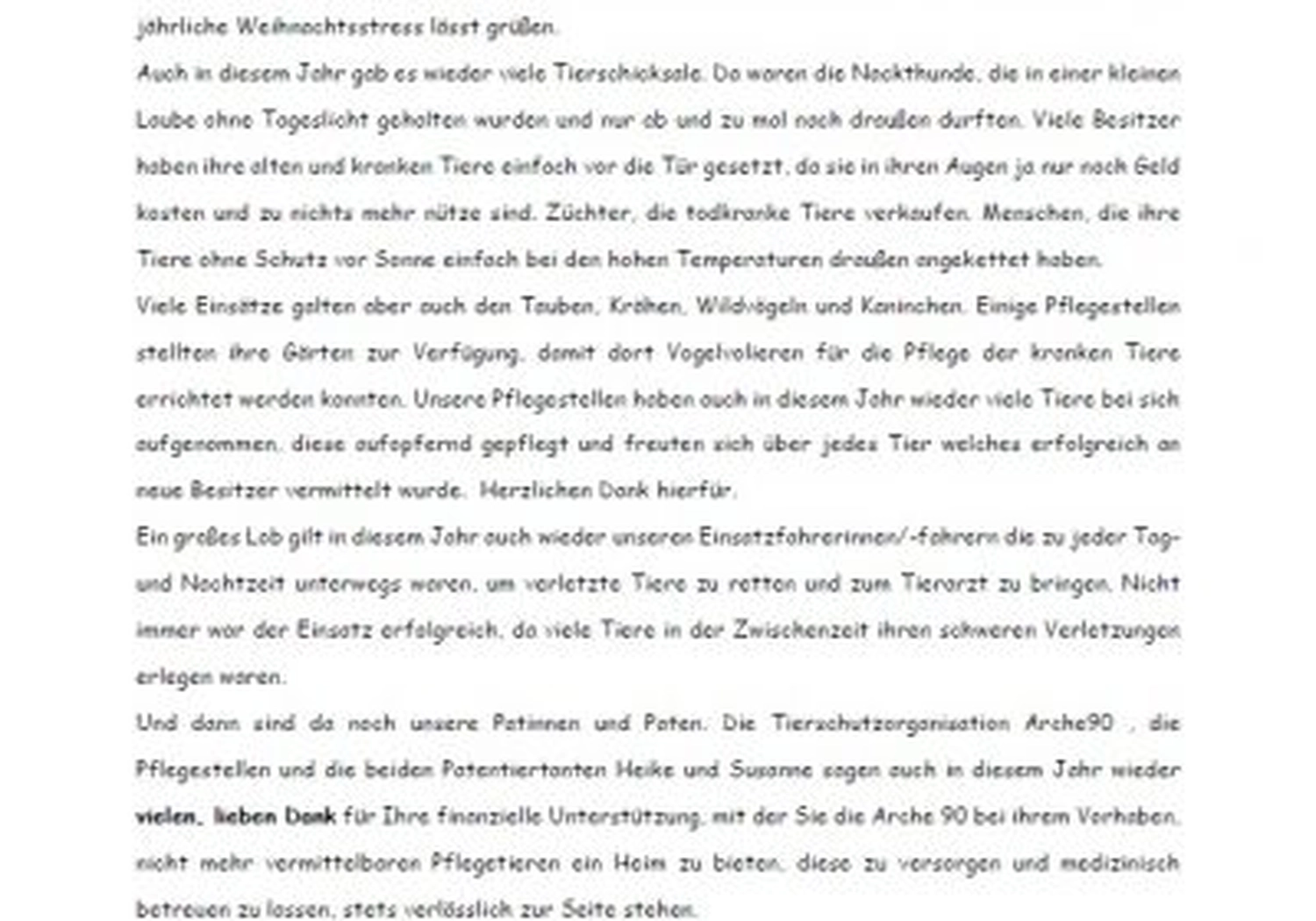 Tierschutzorganisation Arche 90 e.V. - Brief an die Paten