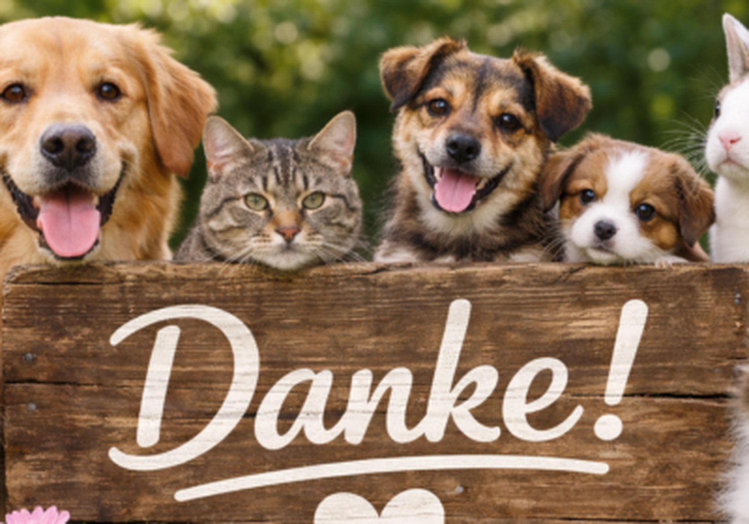 Tierschutzorganisation Arche 90 e.V. - Ein fröhlicher Golden Retriever, eine getigerte Katze, zwei kleine Hunde und ein Kaninchen lugen über ein rustikales Holzschild mit der Aufschrift „Danke!“.