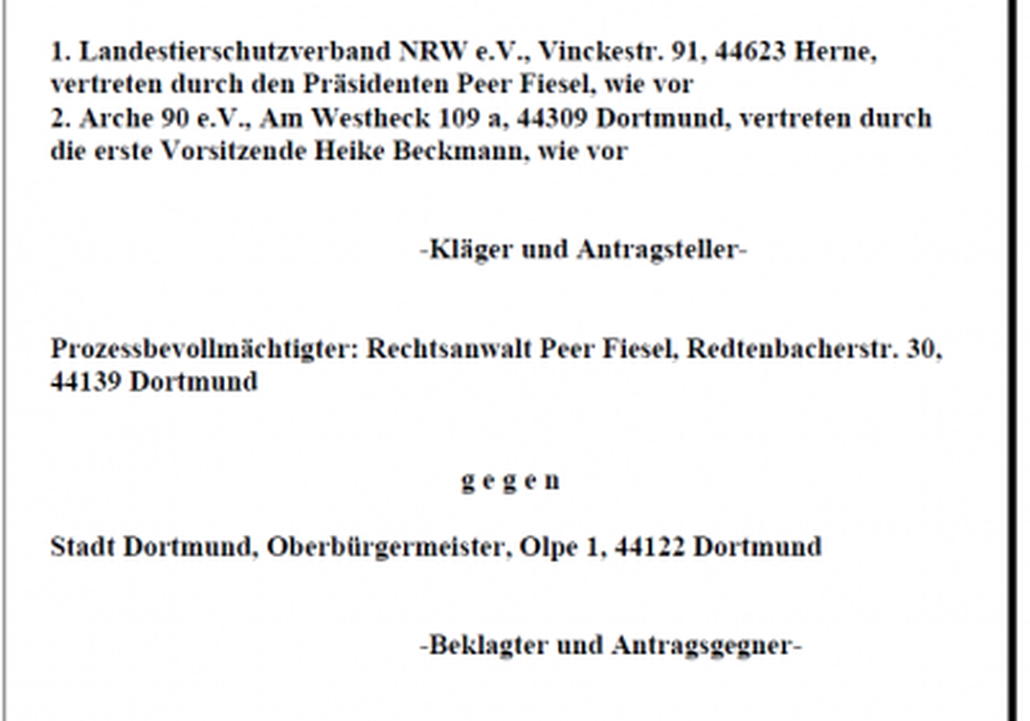 Tierschutzorganisation Arche 90 e.V. - Klageerhebung gegen die Stadt Dortmund
