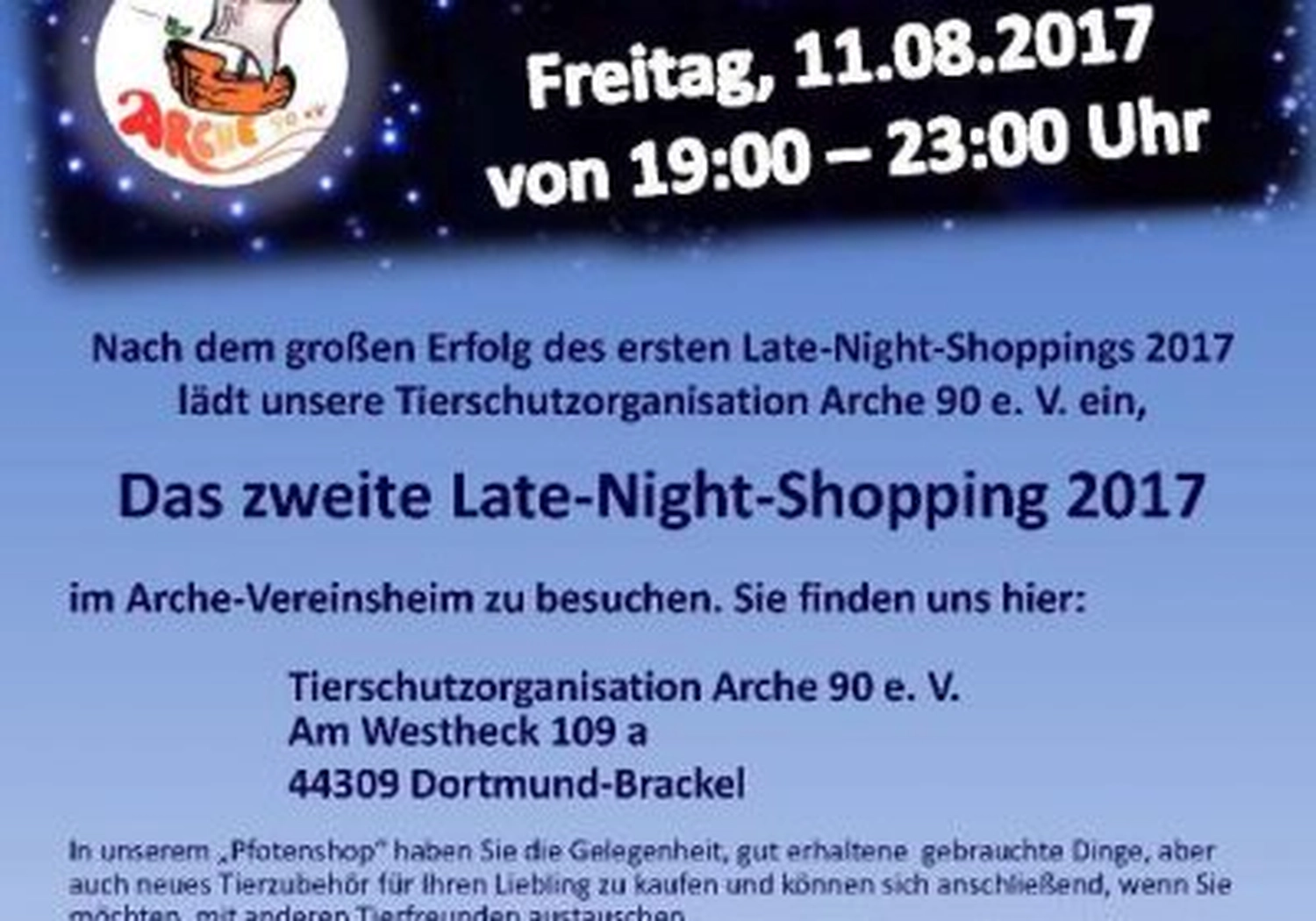 Tierschutzorganisation Arche 90 e.V. - Ein blauer Werbeflyer in deutscher Sprache für eine Benefizveranstaltung für einen Tierschutzverein.