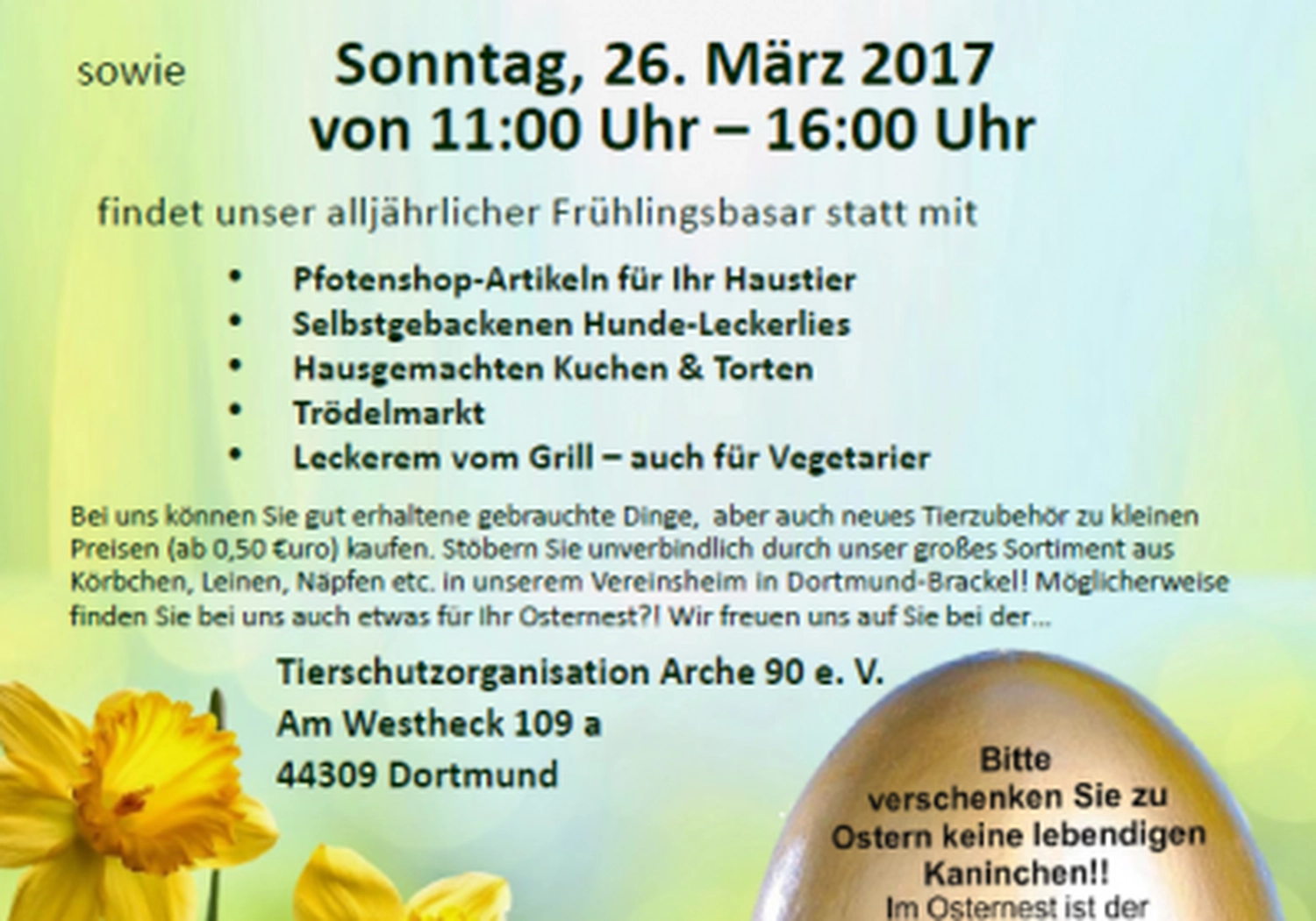 Tierschutzorganisation Arche 90 e.V. - Ein leuchtend gelb-grüner Informationsflyer in deutscher Sprache wirbt für einen Frühlingsflohmarkt am 26. März 2017, veranstaltet vom Tierschutzverein Arche 90 e.V. in Dortmund.