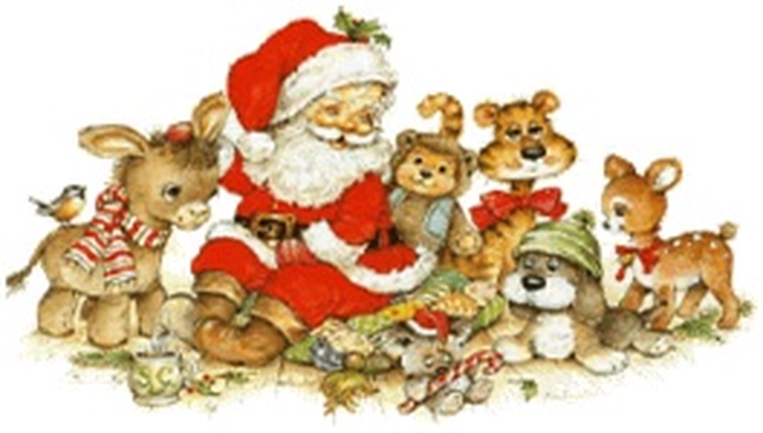 Tierschutzorganisation Arche 90 e.V. - Eine festliche Weihnachtsillustration zeigt den lächelnden Weihnachtsmann neben einer Gruppe verkleideter Tiere, darunter ein Kaninchen und Bärenjunge, in einer verschneiten Landschaft.