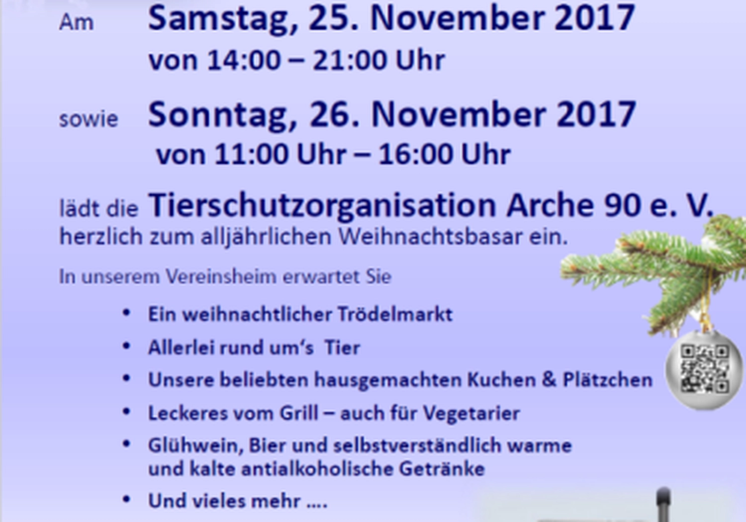 Tierschutzorganisation Arche 90 e.V. - Ein blauer, digitaler Veranstaltungsflyer in deutscher Sprache, der einen Weihnachtsbasar des Vereins Arche 90 e.V. am 25. und 26. November 2017 ankündigt. Angeboten werden unter anderem ein Flohmarkt und selbstgebackene Kuchen.