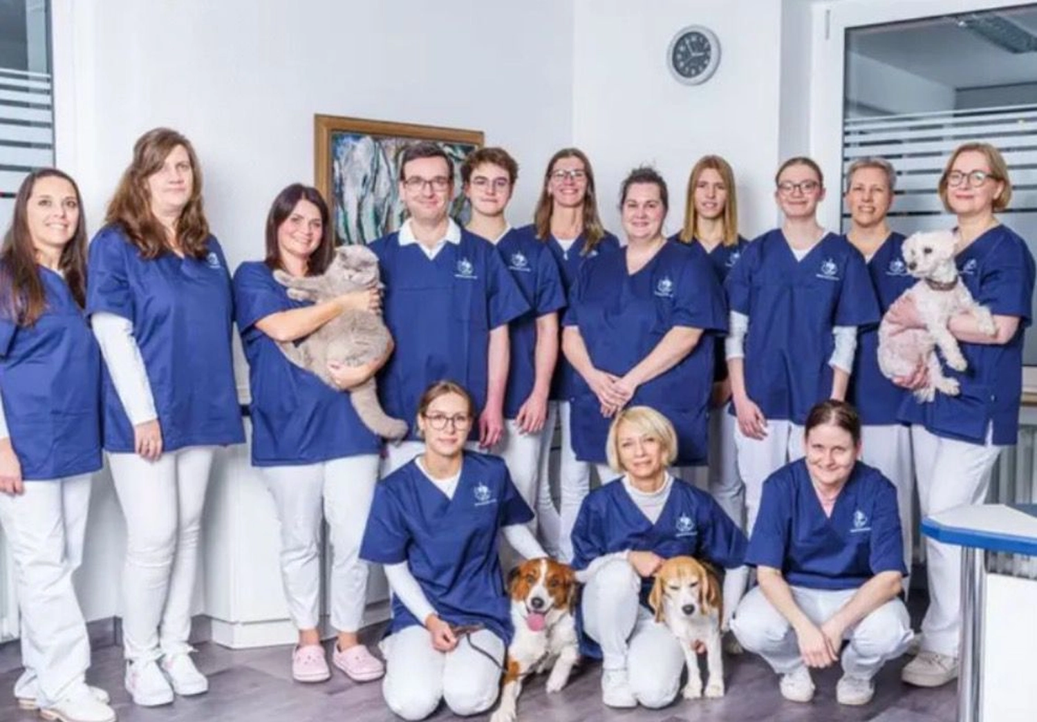 Tierschutzorganisation Arche 90 e.V. - Eine Gruppe von Tierärzten in einheitlicher blauer Arbeitskleidung lächelt. Eine Person hält eine flauschige graue Katze, eine andere einen kleinen weißen Hund.