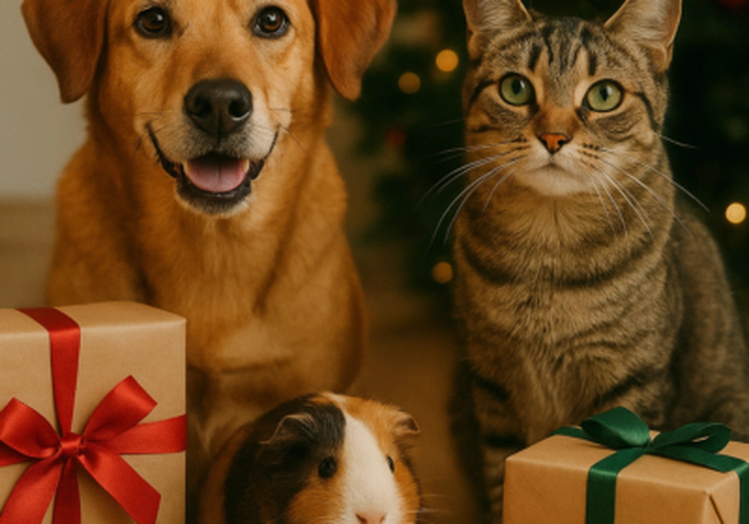 Tierschutzorganisation Arche 90 e.V. - Ein lächelnder brauner Hund und eine getigerte Katze sitzen neben verpackten Weihnachtsgeschenken.